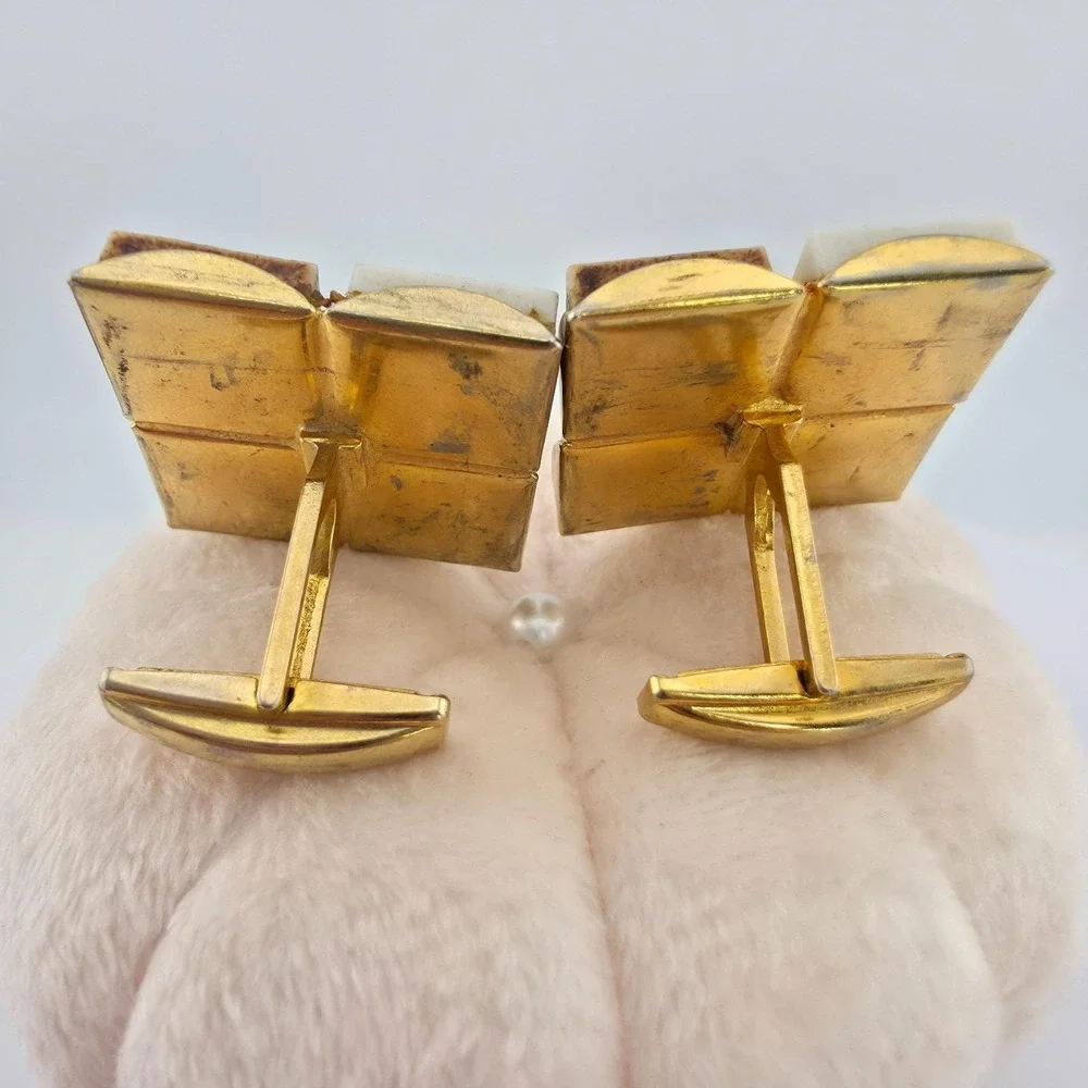 Vintage Cufflinks Mid-Century Modern Brown White Ceramic Tiles Enamel Gold Plate